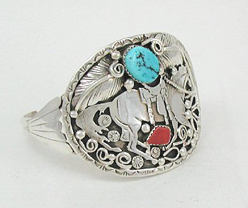 Native American Navajo Indian Needlepoint turquoise and coral horse buckle and bracelet set
