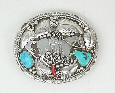 Native American Navajo Indian Needlepoint turquoise and coral horse buckle and bracelet set