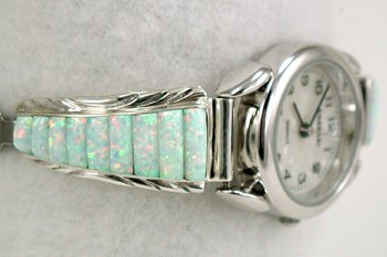Hand made Native American Indian Jewelry; Navajo Sterling Silver  Opal cornrow Watch