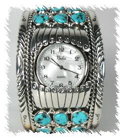 Native American Navajo Indian Jewelry; Navajo Sterling Silver tuquoise cuff watch 