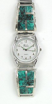 Hand made Native American Indian Jewelry; Navajo Sterling Silver Turquoise Inlay Watch