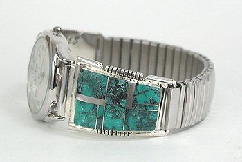 Hand made Native American Indian Jewelry; Navajo Sterling Silver Turquoise Inlay Watch