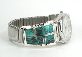 Hand made Native American Indian Jewelry; Navajo Sterling Silver Turquoise Inlay Watch