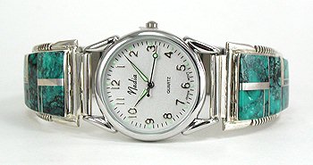 Hand made Native American Indian Jewelry; Navajo Sterling Silver Turquoise Inlay Watch