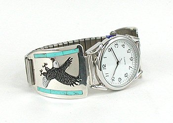 Hand made Native American Indian Jewelry; Navajo Sterling Silver Turquoise Inlay Watch