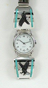 Hand made Native American Indian Jewelry; Navajo Sterling Silver Turquoise Inlay Watch
