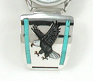 Hand made Native American Indian Jewelry; Navajo Sterling Silver Turquoise Inlay Watch