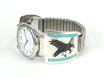 Hand made Native American Indian Jewelry; Navajo Sterling Silver Turquoise Inlay Watch
