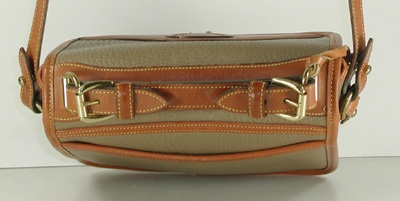 Authentic Dooney and Bourke All Weather Leather R703 Vintage Square Carrier in Taupe and British Tan