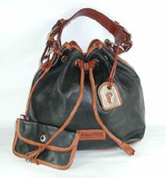 Authentic Dooney and Bourke R759 Pebble Drawstring Bag black and British tan