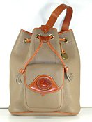 Authentic Dooney and Bourke Large Vintage Drawstring Sling Bag R762 All Weather Leather Taupe and British Tan