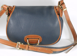 Authentic Dooney and Bourke All Weather Leather Horseshoe Shoulder Bag R57 Air Force Blue and British Tan