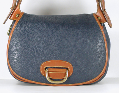 Authentic Dooney and Bourke All Weather Leather Horseshoe Shoulder Bag R57 Air Force Blue and British Tan