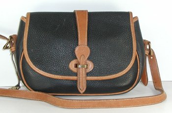 Authentic Dooney and Bourke All Weather Leather Over and Under Tack Bag black and British tan