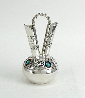 Authentic Native American sterling silver and Turquoise Miniature Wedding Vase by Navajo artist Wesley Whitman
