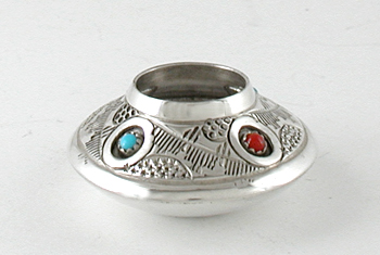Authentic Native American sterling silver and Turquoise and Coral Salt Cellar by Navajo artist Wesley Whitman