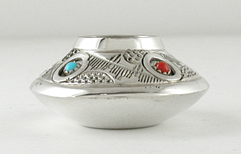 Authentic Native American sterling silver and Turquoise and Coral Salt Cellar by Navajo artist Wesley Whitman