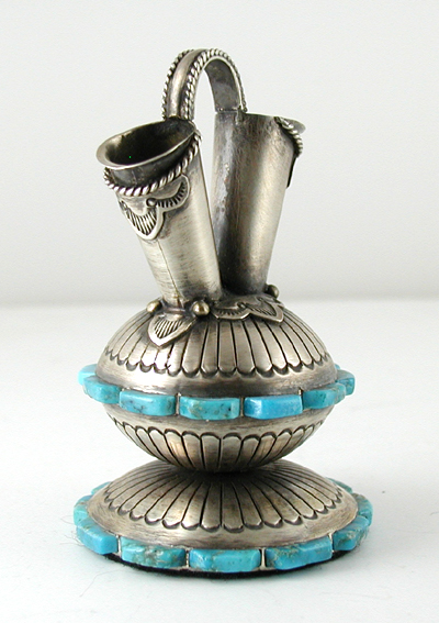Authentic Native American antiqued sterling silver and Turquoise Miniature Wedding Vase by Navajo artisan Wilford Begay