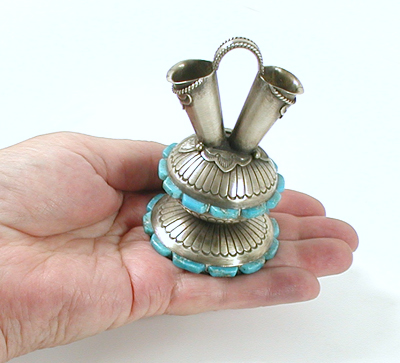 Authentic Native American antiqued sterling silver and Turquoise Miniature Wedding Vase by Navajo artisan Wilford Begay