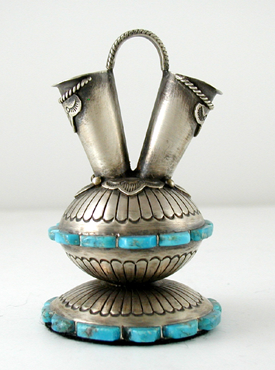 Authentic Native American antiqued sterling silver and Turquoise Miniature Wedding Vase by Navajo artisan Wilford Begay