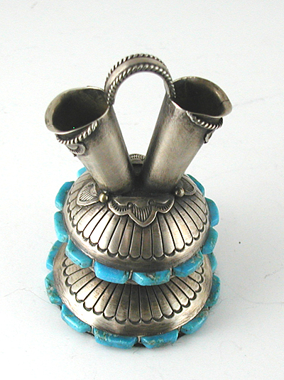 Authentic Native American antiqued sterling silver and Turquoise Miniature Wedding Vase by Navajo artisan Wilford Begay