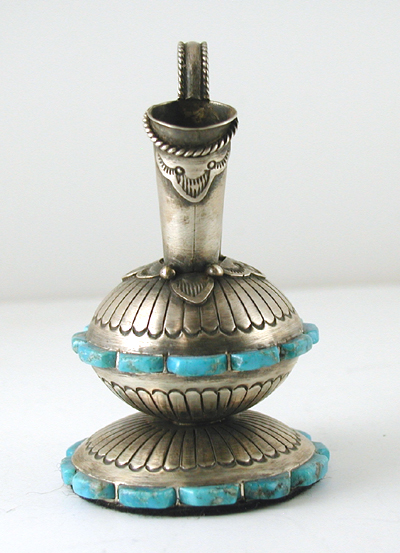 Authentic Native American antiqued sterling silver and Turquoise Miniature Wedding Vase by Navajo artisan Wilford Begay