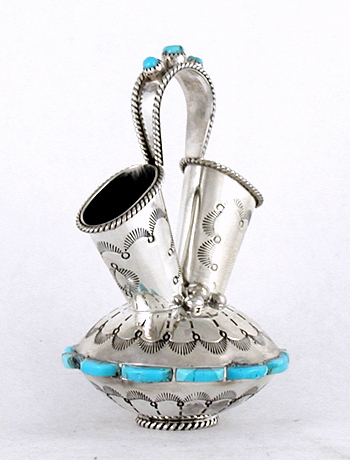 Authentic Native American sterling silver and Turquoise Miniature Wedding Vase by Navajo artisan Wilford Begay