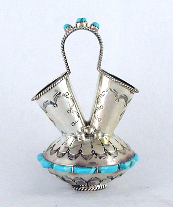 Authentic Native American sterling silver and Turquoise Miniature Wedding Vase by Navajo artisan Wilford Begay