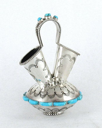 Authentic Native American sterling silver and Turquoise Miniature Wedding Vase by Navajo artisan Wilford Begay