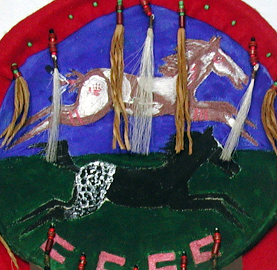 Authentic Native American hand painted running horse shield by Pine Ridge Lakota artisan
