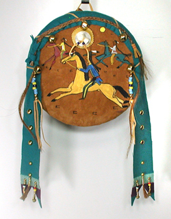 Authentic Native American hand painted three horses dance shield by Pine Ridge Lakota artisan Travis Harden