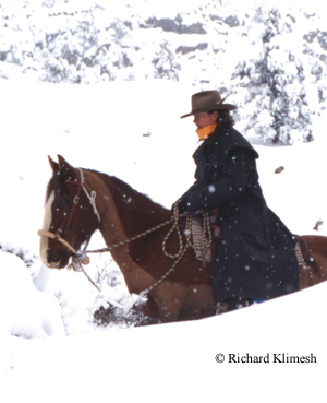 Cherry Hill riding Quarter Horse Zinger in very deep snow
