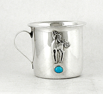 Authentic Native American stamped Sterling Silver Baby Cup with horse and turquoise stone by Wallace Yazzie Jr., Navajo
