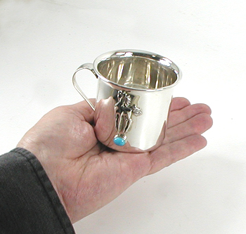 Authentic Native American stamped Sterling Silver Baby Cup with horse and turquoise stone by Wallace Yazzie Jr., Navajo