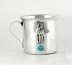 Authentic Native American stamped Sterling Silver Baby Cup with horse and turquoise stone by Wallace Yazzie Jr., Navajo