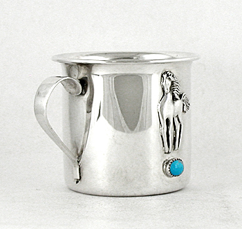 Authentic Native American stamped Sterling Silver Baby Cup with horse and turquoise stone by Wallace Yazzie Jr., Navajo