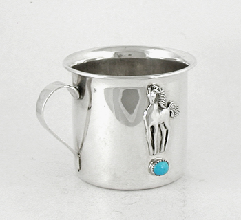 Authentic Native American stamped Sterling Silver Baby Cup with horse and turquoise stone by Wallace Yazzie Jr., Navajo