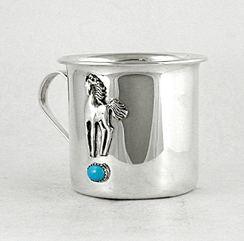 Authentic Native American stamped Sterling Silver Baby Cup with horse and turquoise stone by Wallace Yazzie Jr., Navajo