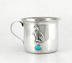 Authentic Native American stamped Sterling Silver Baby Cup with wolf and turquoise stone by Wallace Yazzie Jr., Navajo