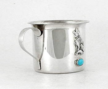 Authentic Native American stamped Sterling Silver Baby Cup with Wolf and turquoise stone by Wallace Yazzie Jr., Navajo
