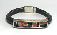 leather bracelet with sterling silver and inlay of tiger eye and Acoma jet with magnetic clasp size 7 inch