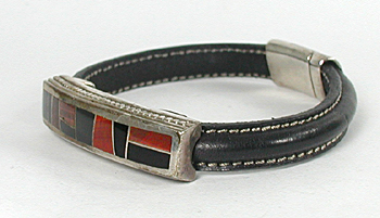leather bracelet with sterling silver and inlay of tiger eye and Acoma jet with magnetic clasp size 7 inch