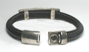leather bracelet with sterling silver and inlay of tiger eye and Acoma jet with magnetic clasp size 7 inch