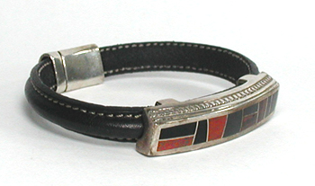 leather bracelet with sterling silver and inlay of tiger eye and Acoma jet with magnetic clasp size 7 inch