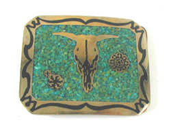 Bargain Barn vintage turquoise chip inlay steer skull belt buckle