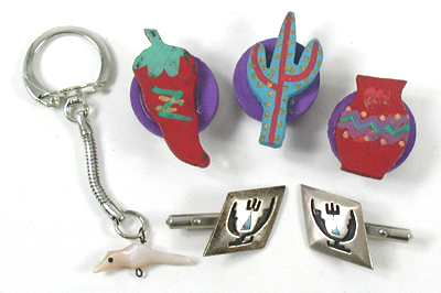lot of three wooden button covers, key chain with bird, pair of Hopi-style cufflinks