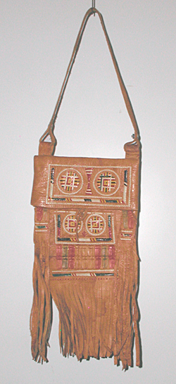 camel leather Berber style bag with colorful leather strip embroidery and fringe