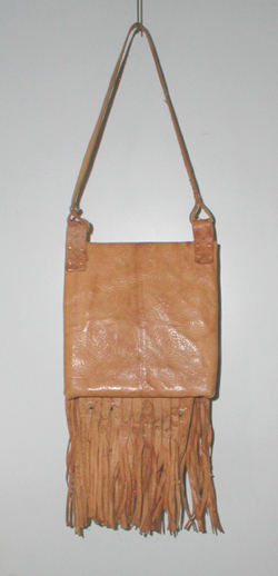 camel leather Berber style bag with colorful leather strip embroidery and fringe