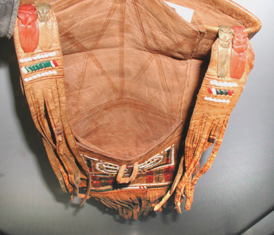 camel leather Berber style bag with colorful leather strip embroidery and fringe