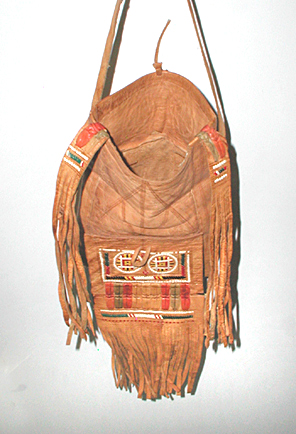 camel leather Berber style bag with colorful leather strip embroidery and fringe